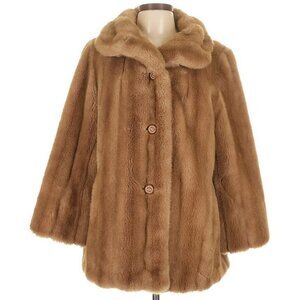 🧥 Vintage Kramer’s Faux Mink Fur Swing Coat Tan Plush Glam Sz 12 Retro Boho 50s
